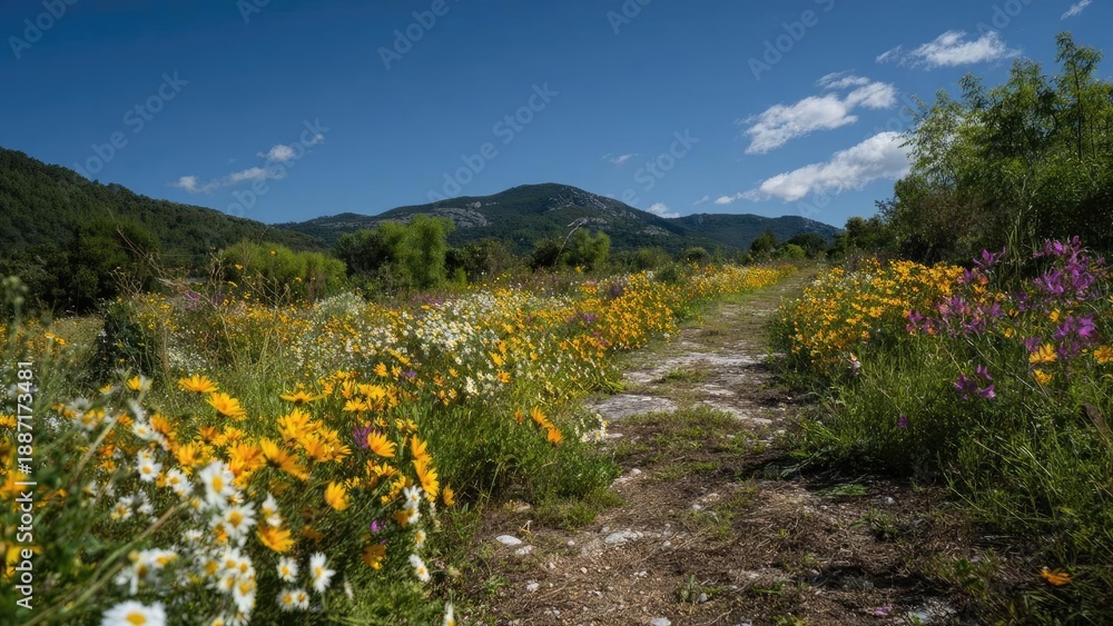 Fototapeta premium dirt path through a meadow of yellow, white, and purple wildflowers with green hills and a bright blue sky in the background Concept Dirt path through a meadow of wildflowers