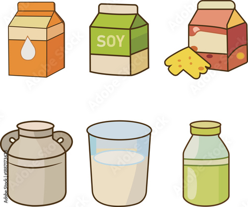 Dairy Milk Packaging Icons Set – Carton, Soy Milk, Cheese, Milk Can, Glass and Bottle Flat Vector