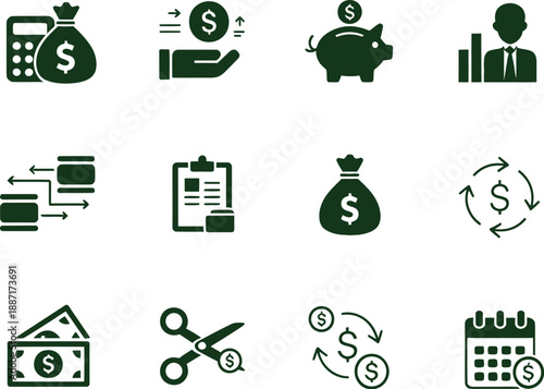 Collection of dark green finance and economics icons representing money investment savings and analysis on transparent background high-quality professional detailed
