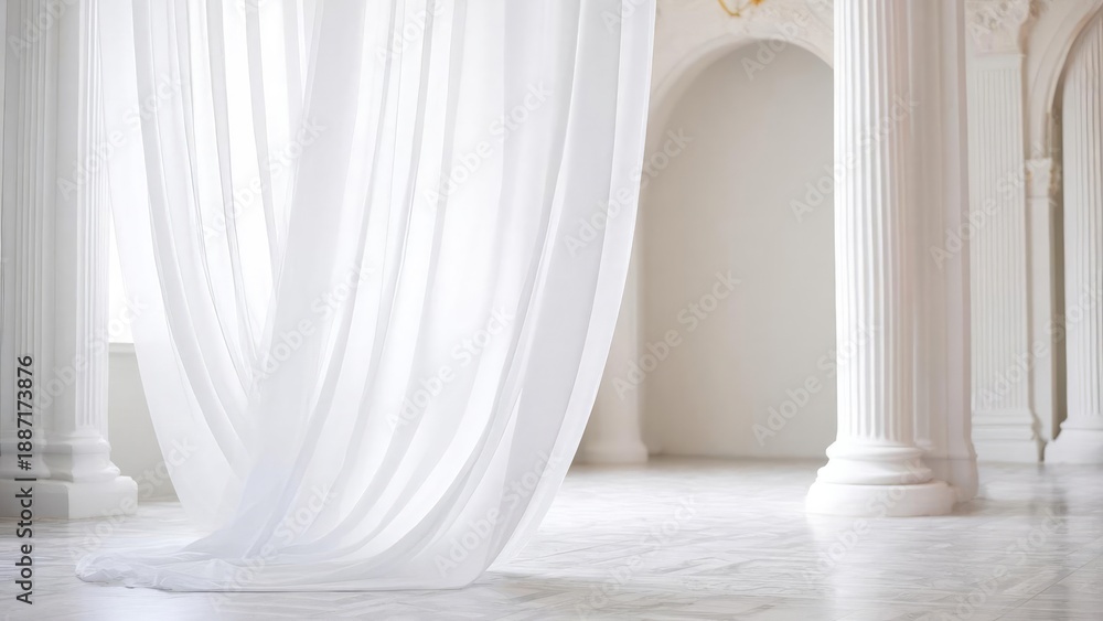 Fototapeta premium White flowing drapes in a bright marble hall with tall fluted columns. Concept White flowing drapes, Marble hall, Tall fluted columns, Bright lighting, Elegant interior