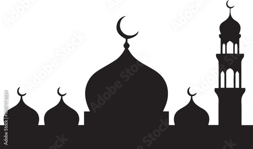 Silhouette of a traditional islamic mosque with crescent moon and minarets