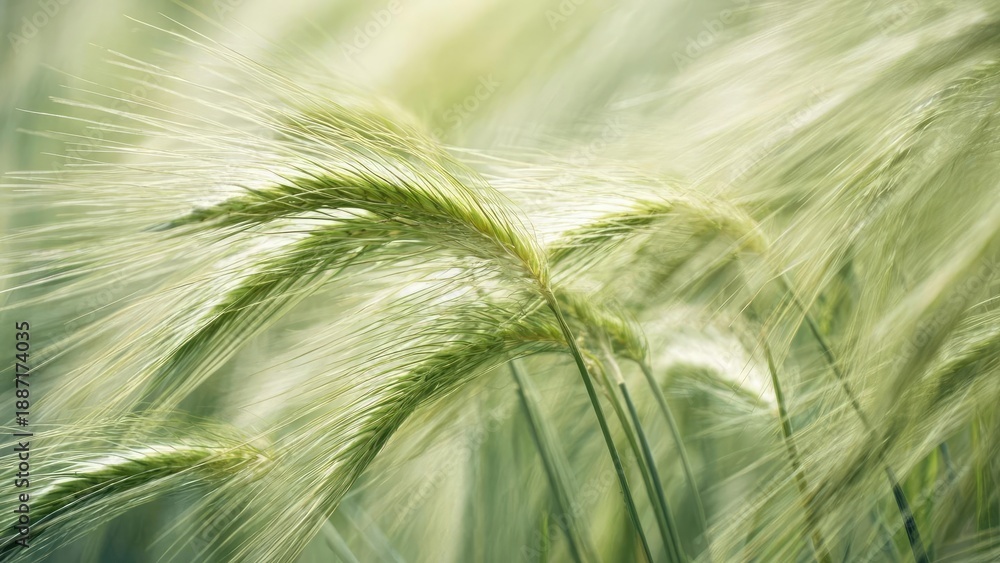 Fototapeta premium Close-up of green barley ears with long awns swaying in a sunlit field. Concept Close-up Barley Ears, Green Field, Long Awns, Sunlit Grain, Wind-Swept Texture