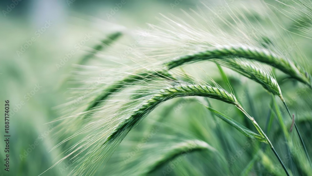 Fototapeta premium Close-up of green barley ears with long awns bending in a field Concept Barley close-up macro, Green barley ears, Long awns, Field texture, Agricultural macro photography