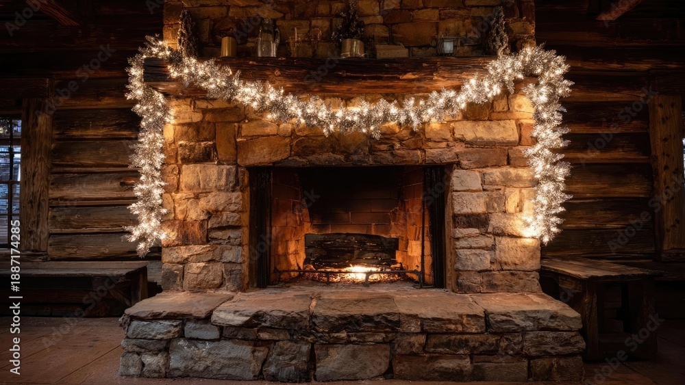 Fototapeta premium Rustic stone fireplace with a crackling fire and a white garland of lights draped across the mantel. Concept Rustic Fireplace, Crackling Fire, White Garland Lights, Mantel Decor, Cozy Ambience