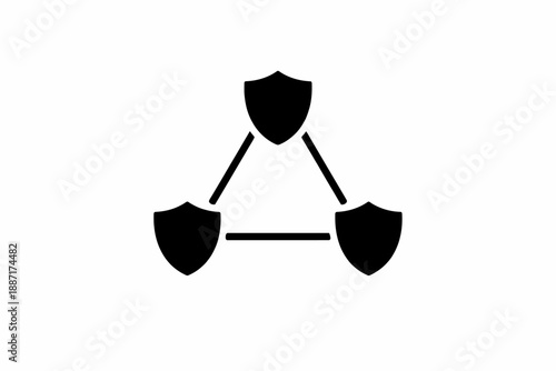Interconnected shields forming a triangular network, symbolizing robust and collaborative security isolated on transparent background, isolated on white background, Vector
