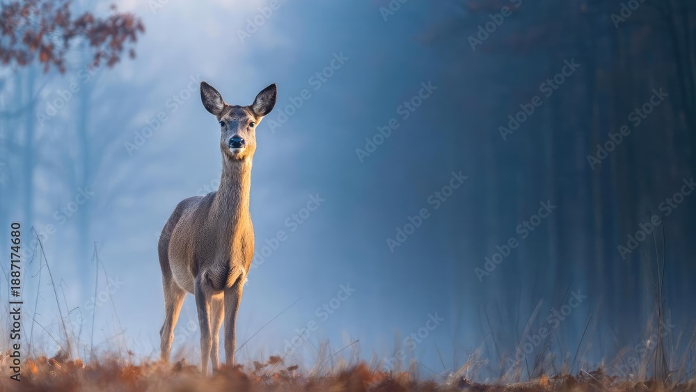 Fototapeta premium A roe deer standing in a misty blue forest at dawn. Concept Roe Deer, Misty Forest, Dawn Light, Blue Hour, Wildlife Photography