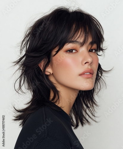 A Korean model with a modern Wolf Cut, textured layers, longer back, messy fringe, natural wavy texture, plain white background