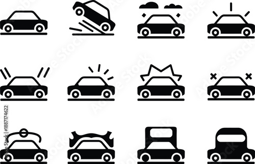 Twelve black car accident on white background crash collision damage des