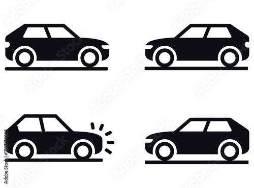 Four black car on white background showing different states vehicle transportation automobile