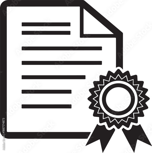 A simple monochrome illustration depicting a certificate or document with lines of text and a gold seal or award emblem below it high-quality professional