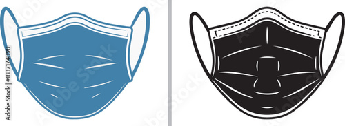 Two-panel vector set featuring a blue medical face mask with white highlights on the left and a solid black face mask silhouette with detailed white accent lines on the right.