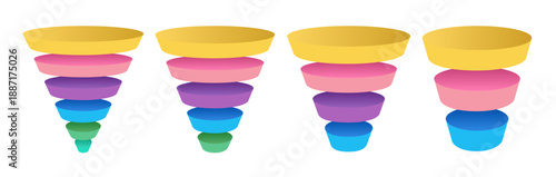 Funnel infographic set 3d for business strategy, presentation, start up project, theory basic operation, logic analysis