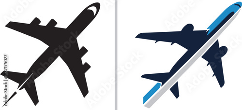 PrintTwo-panel vector set featuring a solid black airplane silhouette on the left and a stylized navy blue aircraft icon with a light blue diagonal stripe and tail accent on the right.