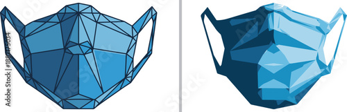 A two-panel vector set featuring blue geometric face masks, with one shown in a wireframe polygonal style and the other as a faceted 3D-effect model, representing digital health design.