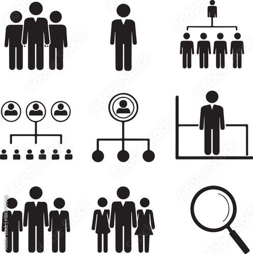This image showcases a collection of black silhouette icons depicting various team structures organizational charts and a magnifying glass for analysis high-quality professional detailed