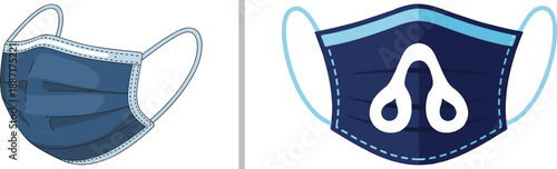 Two-panel vector showing a simple dark blue medical face mask on the left and a detailed navy blue mask with a white stylized logo and light blue borders on the right.