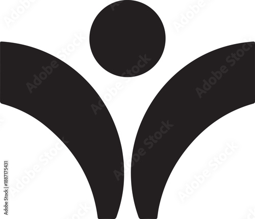 Black abstract shape with a circle and three curved lines on white background