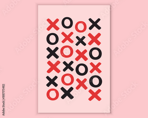 Valentines day poster with xoxo pattern and love symbols, playful romantic illustration on pink background for greeting cards, prints and festive designs. Vector illustration.