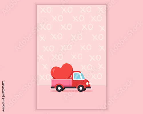 Valentines day greeting illustration with cute red truck carrying heart gift, romantic flat style composition on pink background for love cards and festive designs. Vector illustration.