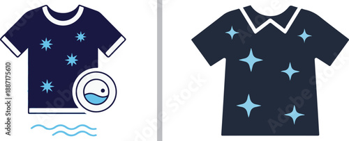 A two-panel vector graphic showcasing laundry care: a dark t-shirt with bacteria and a washing machine icon, followed by a clean polo shirt with bright sparkles.