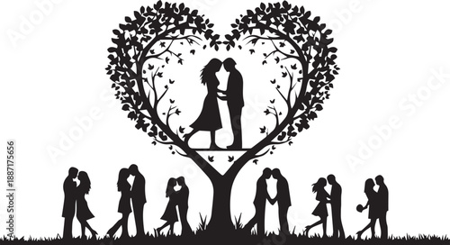 Romantic Silhouette of Couples with a Heart-Shaped Tree of Life for Valentine's Day and Wedding Design