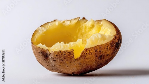 A hollowed-out baked potato shell filled with melted butter. Concept Food photography, Butter-filled potato, Baked potato, Comfort food, Golden melted butter