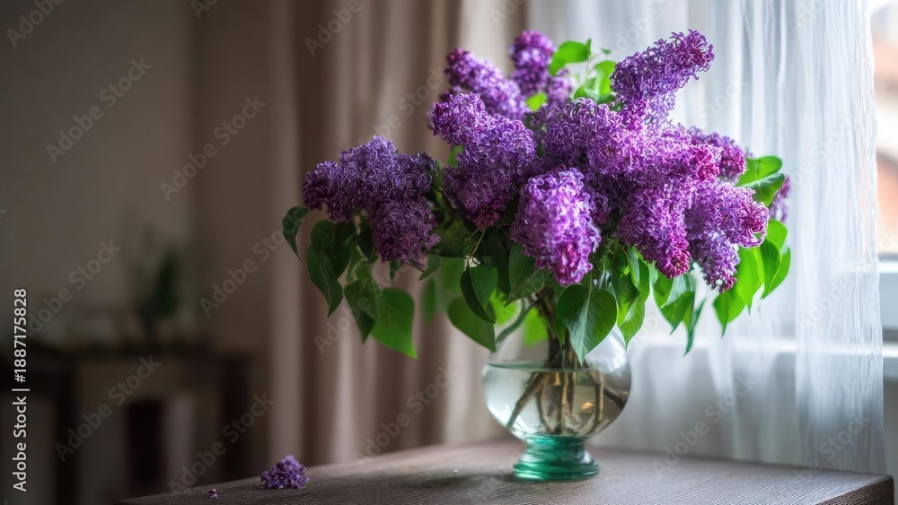 Fototapeta premium A bouquet of purple lilacs with green leaves in a glass vase on a wooden table by a window. Concept Lilac bouquet, Purple lilacs, Glass vase, Wooden table, Window light