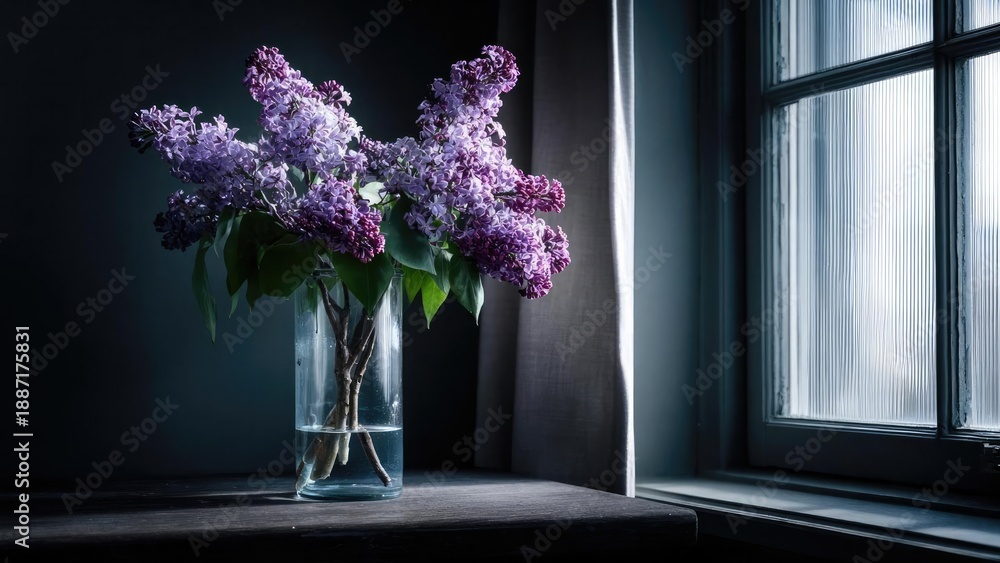 Fototapeta premium Purple lilac flowers in a glass vase on a dark wooden table by a window. Concept Lilac blossoms, Glass vase, Dark wooden table, Window light, Still life