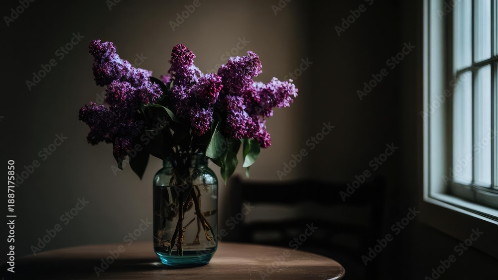 Fototapeta premium Purple lilac bouquet in a glass vase on a round wooden table beside a window, softly lit. Concept Purple lilac bouquet, Glass vase on round wooden table, Window light, Soft lighting