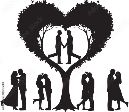 Romantic Silhouette Set: Couples in Love, Heart-Shaped Tree, and Wedding Illustrations Isolated on White