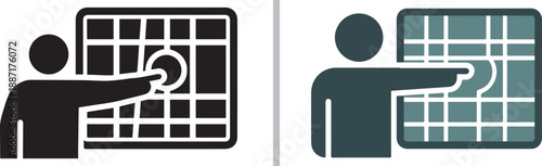 A two-panel vector graphic featuring a person pointing to a grid-like map or digital interface, illustrating navigation, planning, and interactive data visualization.