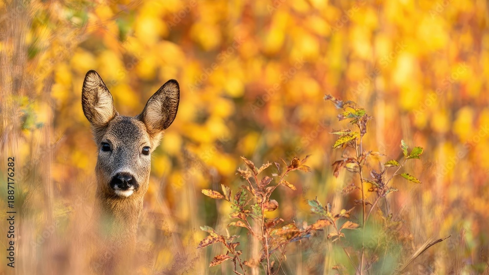 Fototapeta premium A deer peeking through tall grasses with vibrant autumn foliage in the background. Concept Deer peeking through tall grasses, Vibrant autumn foliage backdrop, Natural wildlife portrait