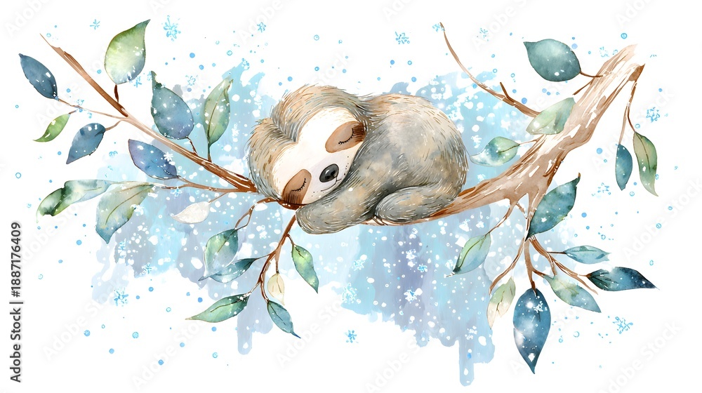 Fototapeta premium Watercolor Illustration Cute Baby Sloth Sleeping on Tree Branch Watercolor Illustration. Whimsical Nursery Art and Wildlife Concept. Sleeping sloth on a tree branch with a celestial pastel background