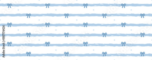 Wavy line pattern with abstract seamless stripes. Cute baby background with blue bows. Vector illustration.