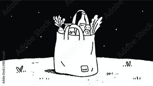Hand drawn grocery shopping bag illustration with fresh food items in a simple sketch style