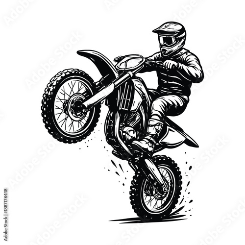 Motocross Rider Performing Wheelie Trick Vector Silhouette Illustration