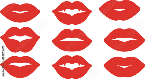 Red lips vector set, sexy lipstick mouth collection with kiss shapes, glamour fashion beauty icons, female makeup illustration design