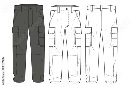 man cargo pant technical fashion template. utility workwear trousers fashion illustration. flat sketch cargo pant CAD technical drawing, multi pockets, zipper, mockups.