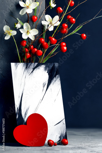 A composition of spring blossoms and bright berries arranged near a painted panel with a large red heart at the base.