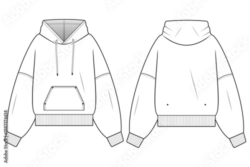 oversized hoodie technical fashion illustration. hoodie vector template. front and back view, drop shoulder, unisex, CAD mockup set.