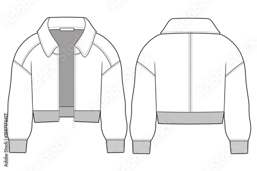  casual jacket technical fashion template. flat sketch dropped shoulder jacket template, front and back, unisex, man, woman, mockup set.