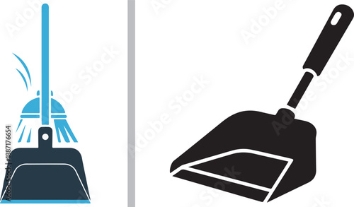 A two-panel vector graphic showcasing cleaning tools: a blue and black broom sweeping into a dustpan on the left, and a detailed black tilted dustpan on the right.