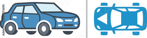 A two-panel vector illustration displaying a blue sedan from a side perspective and a top-down aerial silhouette of a car, representing automotive design, parking, or vehicle tracking.