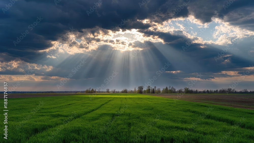 Fototapeta premium Sun beams break through dark clouds, lighting a lush green field in a flat rural landscape. Concept Sunbeams, Dark Clouds, Lush Green Field, Flat Rural Landscape, Golden Hour Lighting