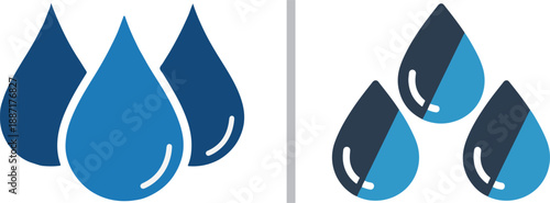 A two-panel vector graphic featuring three solid blue water droplets on the left and three stylized, two-tone droplets with white highlights on the right.