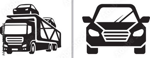 A two-panel vector illustration showing a large car carrier truck transporting vehicles and a front-view silhouette of a modern car, representing automotive logistics and shipping services.
