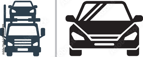 A two-panel vector illustration showing a large transport truck carrying a car on its trailer, paired with a detailed front-view silhouette of a modern passenger car.