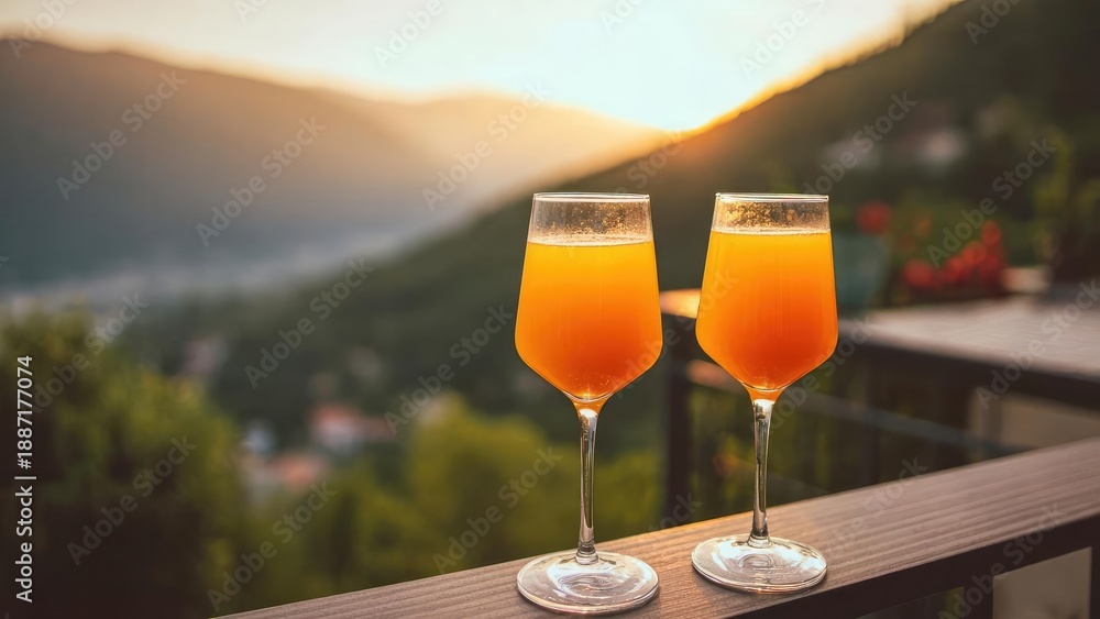 Naklejka premium Two orange drinks in wine glasses on a balcony at sunset with a mountain view. Concept Sunset balcony cocktails with mountain view, Orange drinks in wine glasses