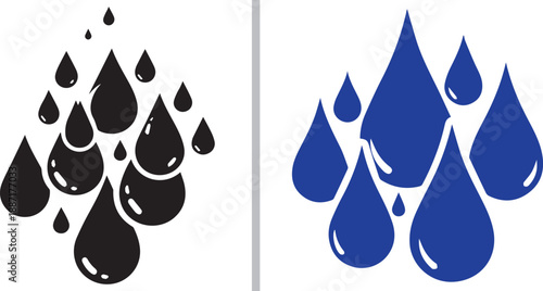 A two-panel vector set featuring clusters of falling droplets in black and deep blue, representing rain, oil, or liquid splashes with clean, stylized silhouettes.