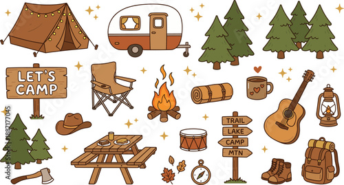Camping-themed illustration bundle with tent, trailer, campfire, gear, and directional signs for outdoor adventure, travel, and recreational design projects